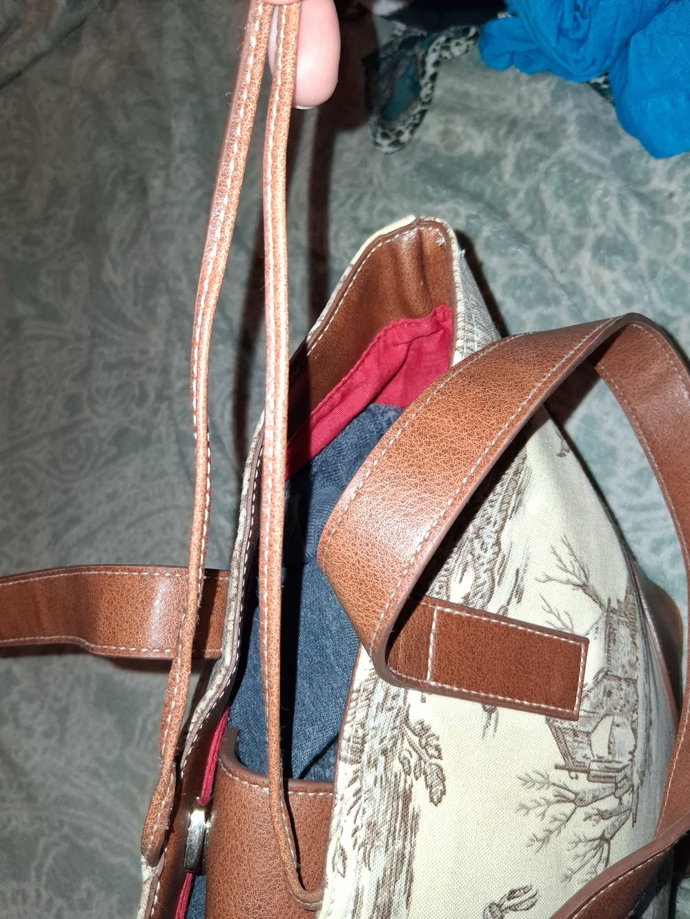 Canvas & Brown Faux Leather Tote with Vintage Toile Print